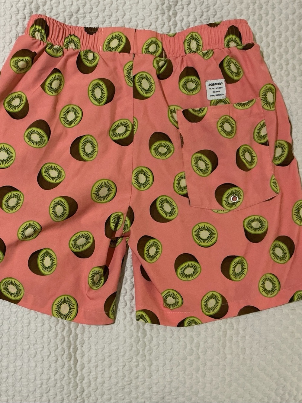 MOSMANN OF AUSTRALIA Kids Coral Swim Trunks with Kiwi Print